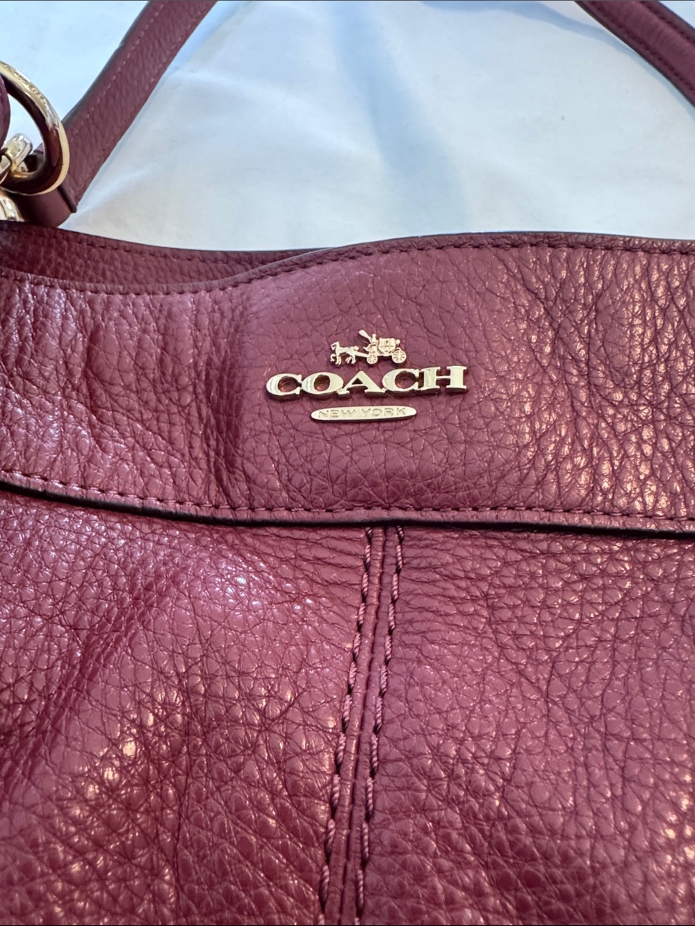 Coach Burgundy Pebbled Leather Shoulder Bag with Gold Hardware